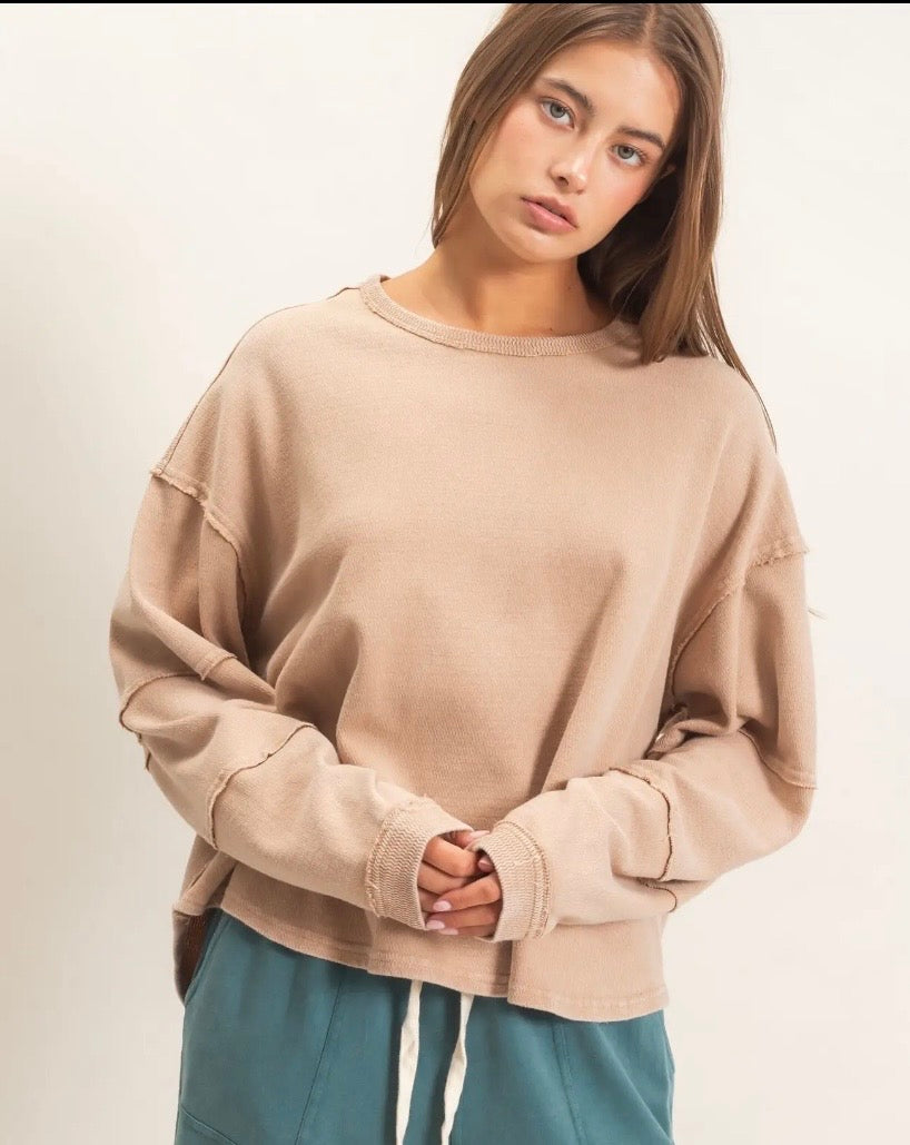 F26 H Mineral Wash Oversized Raw Edge Crew Neck Top