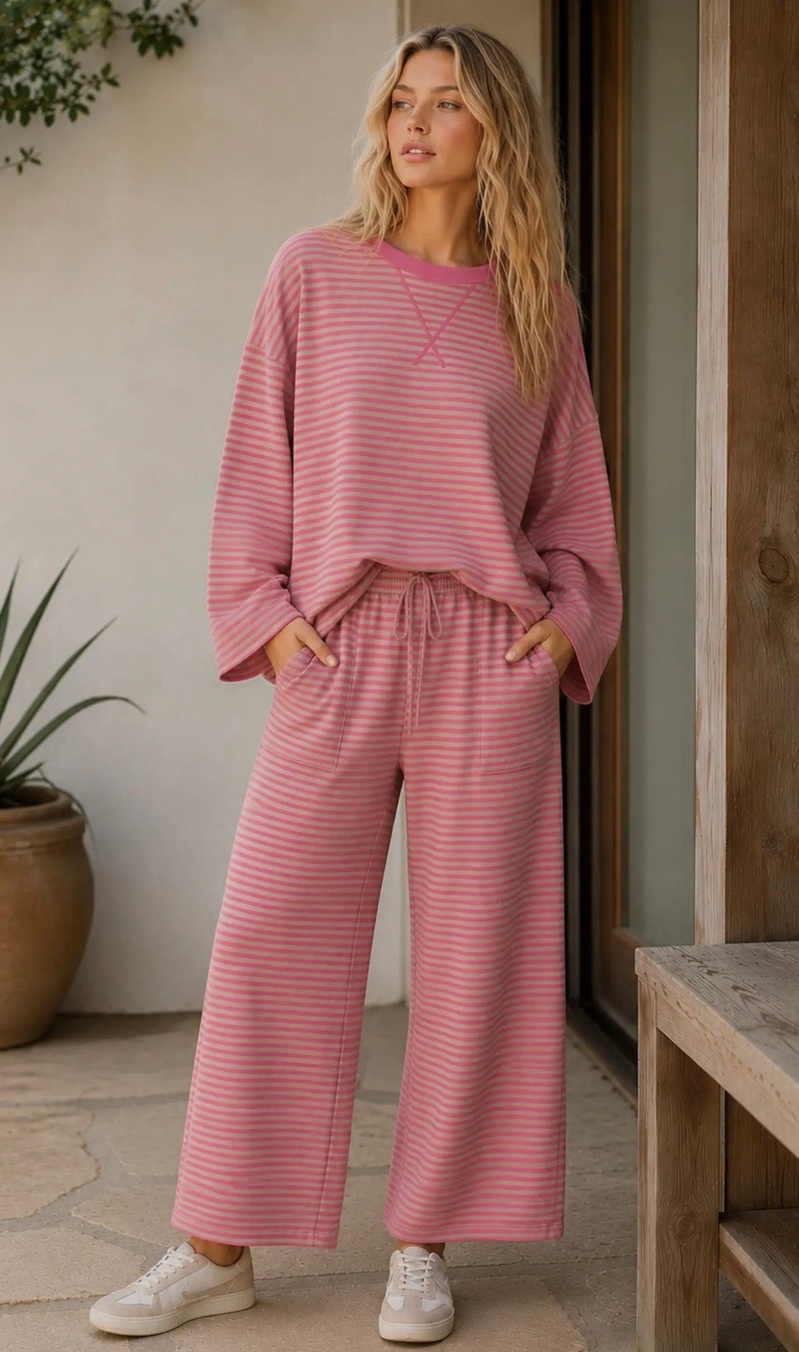 SU26 Pink/Taupe Striped Relaxed Top and Pants Set