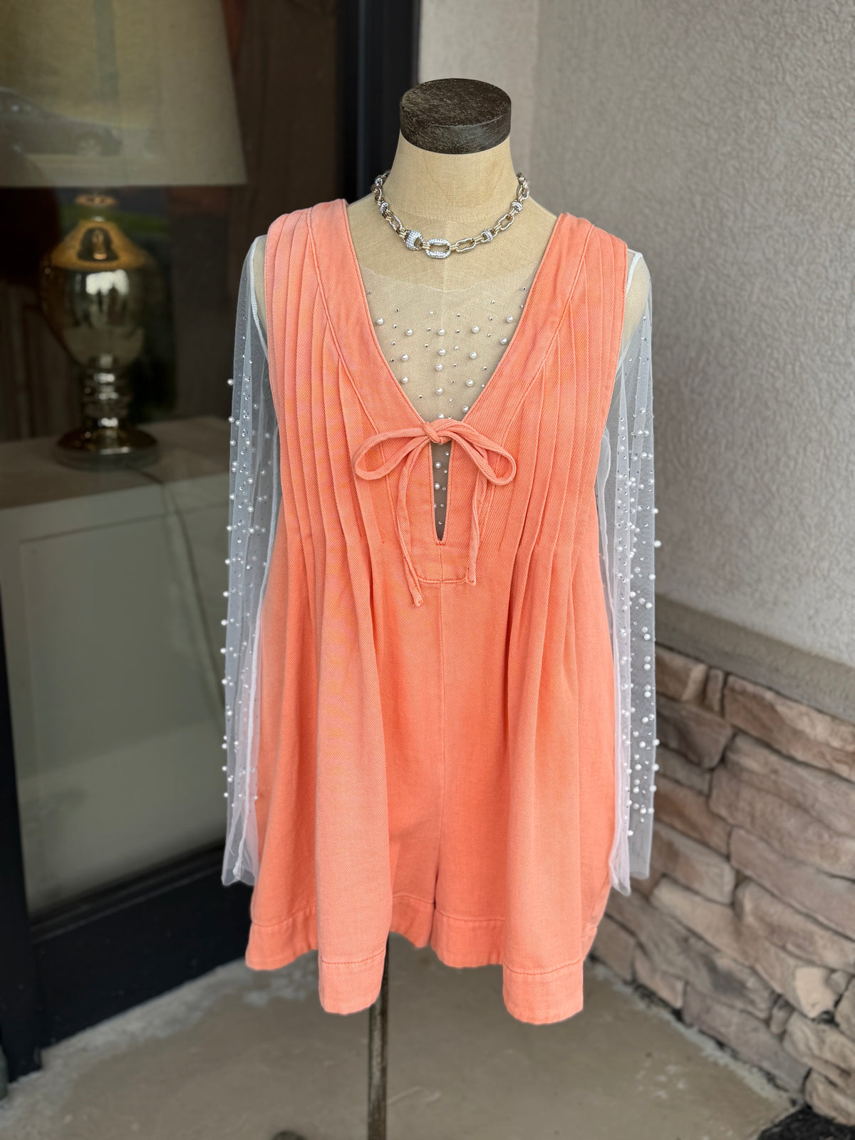 Pearl Rhinestone Mesh Top