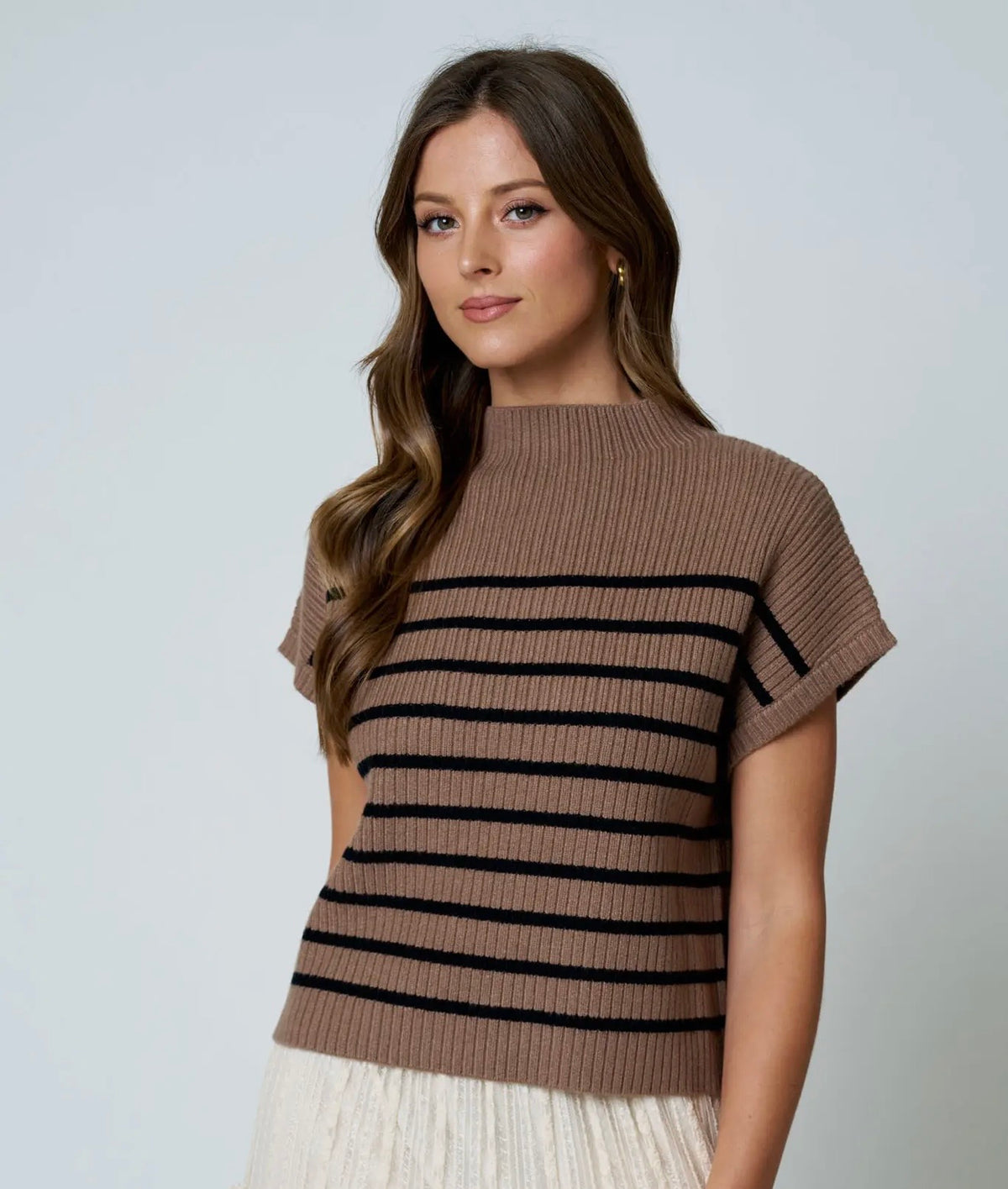 SU26 Mocha Stripe Mock Neck SS Knit Sweater