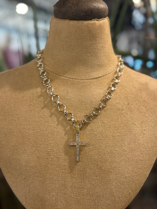 S26 Gold Link CZ Pave Cross Necklace
