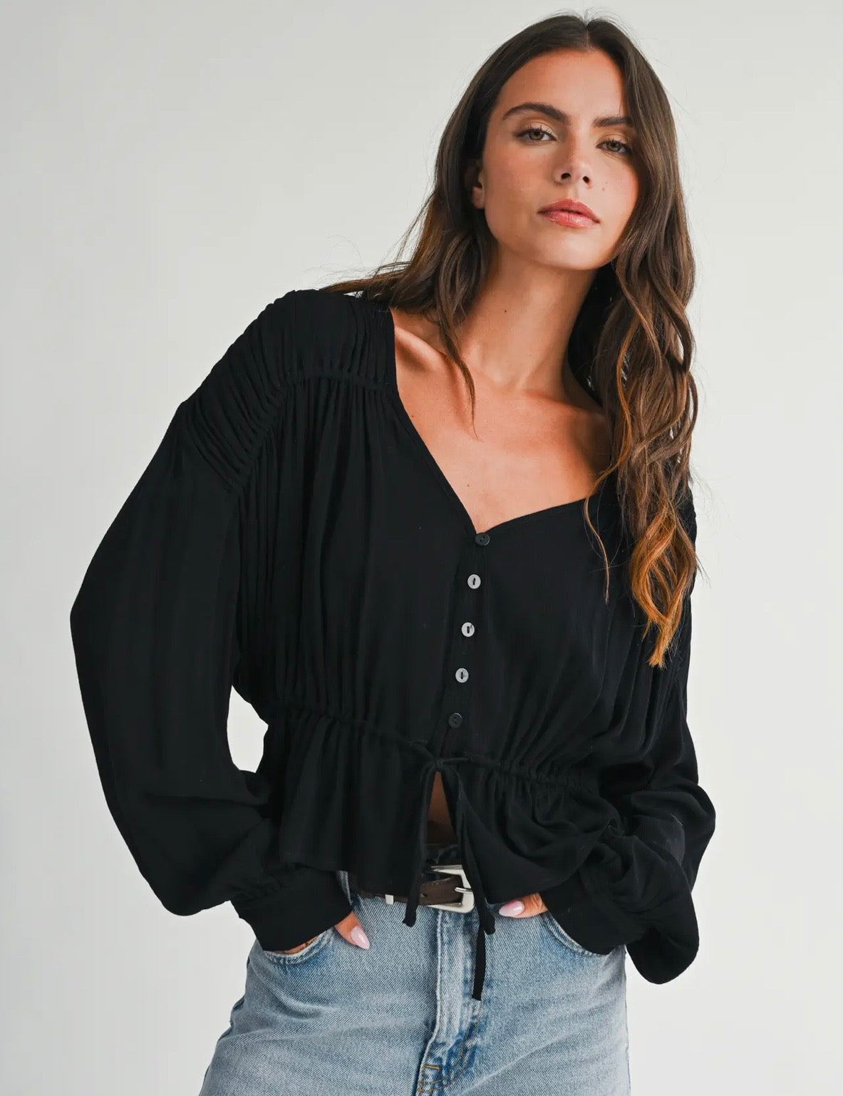 SU26 Button Front Peplum Blouse