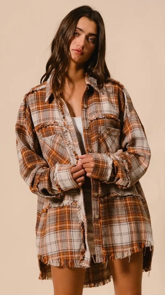 F26 Checked Woven Frayed Detail Shacket