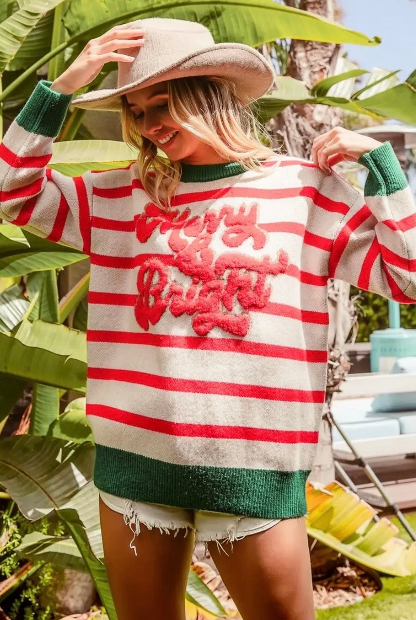 F26 Christmas Stripe Knit Top- Ivory/Red
