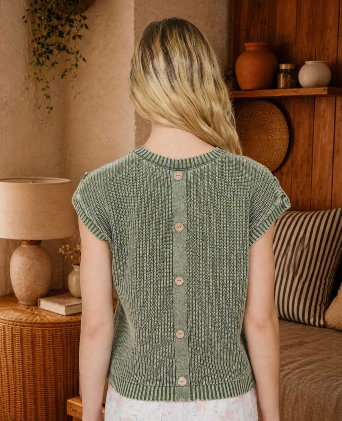 S26 Olive Acid Washed Button Knit Top