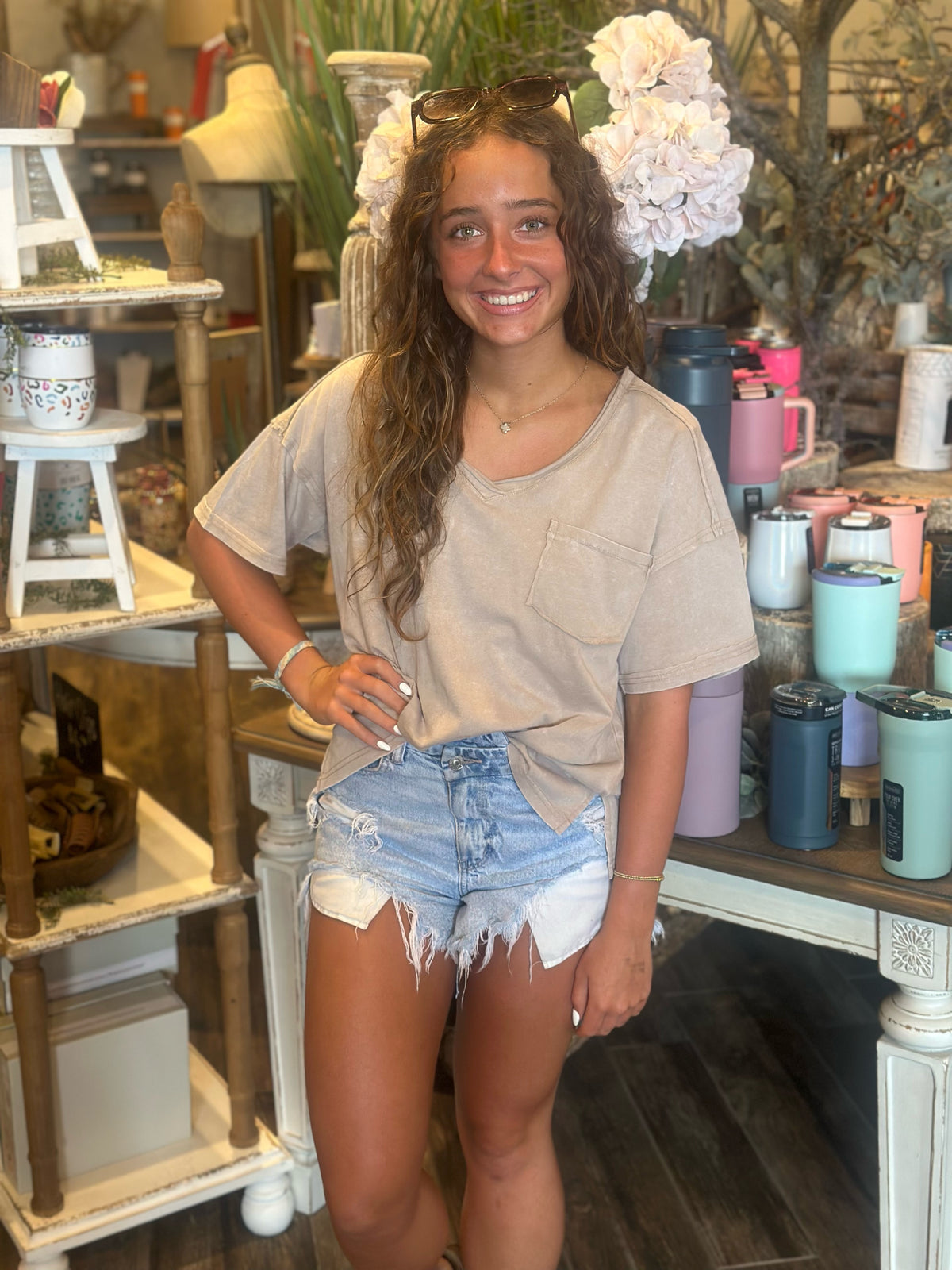 SU25 Very J Taupe V-Neck Top