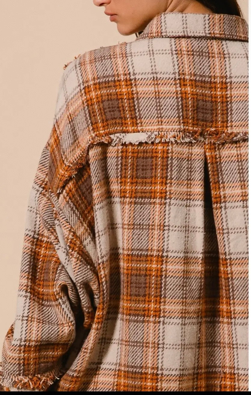 F26 Checked Woven Frayed Detail Shacket