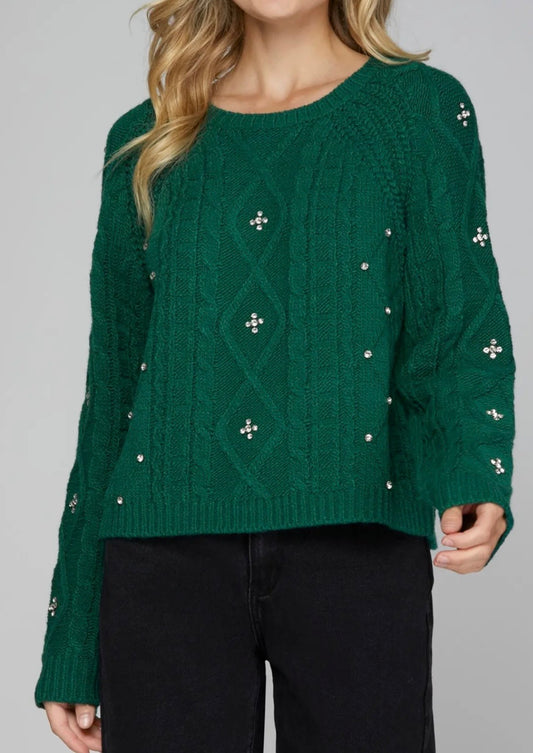 F25 S&S Green Sweater W Rhinestones