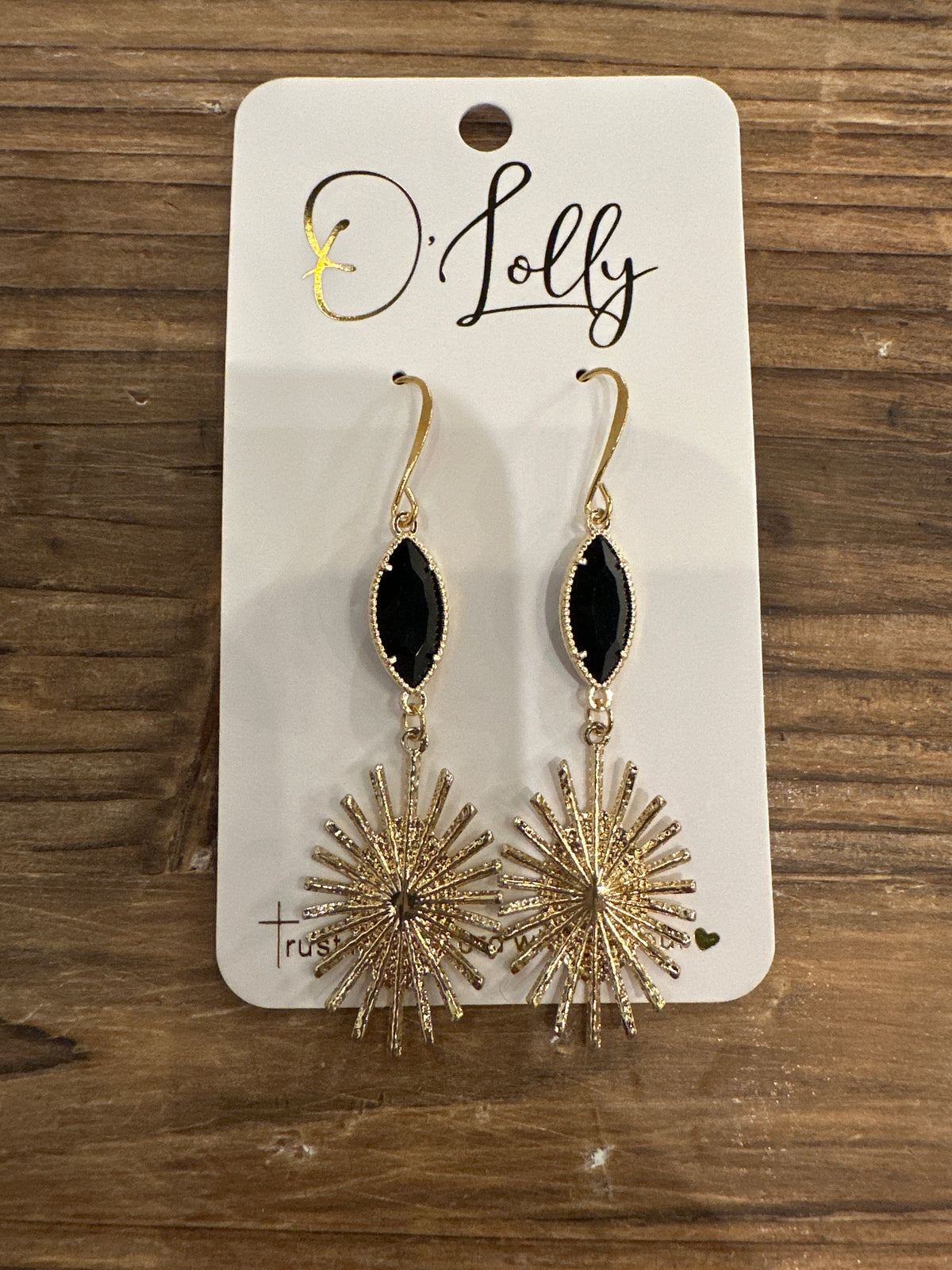 SU25 O’Lolly Black Leaf w/Gold Burst Dangle Earrings