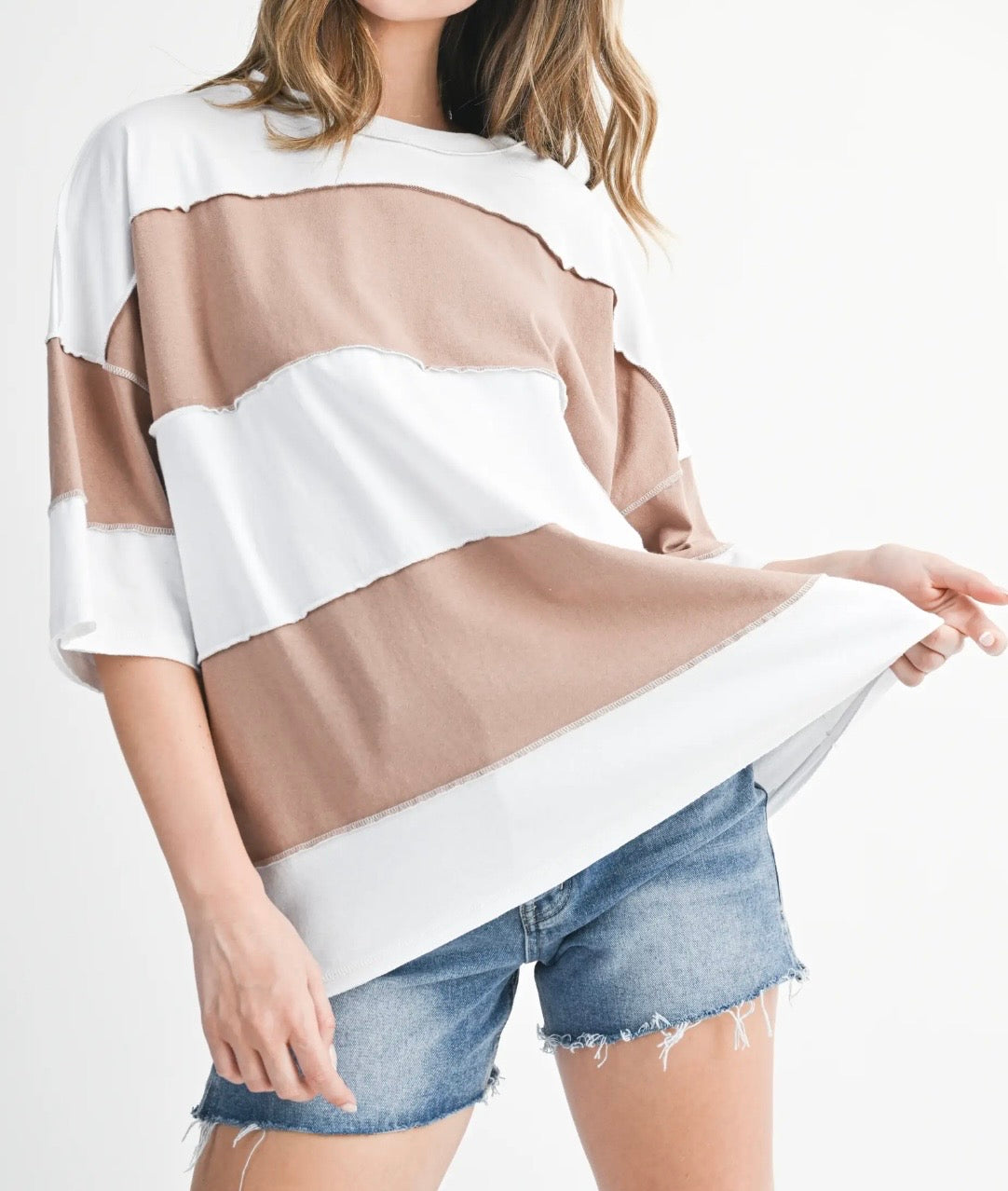 SU26 White Mocha Polly Color Block Top