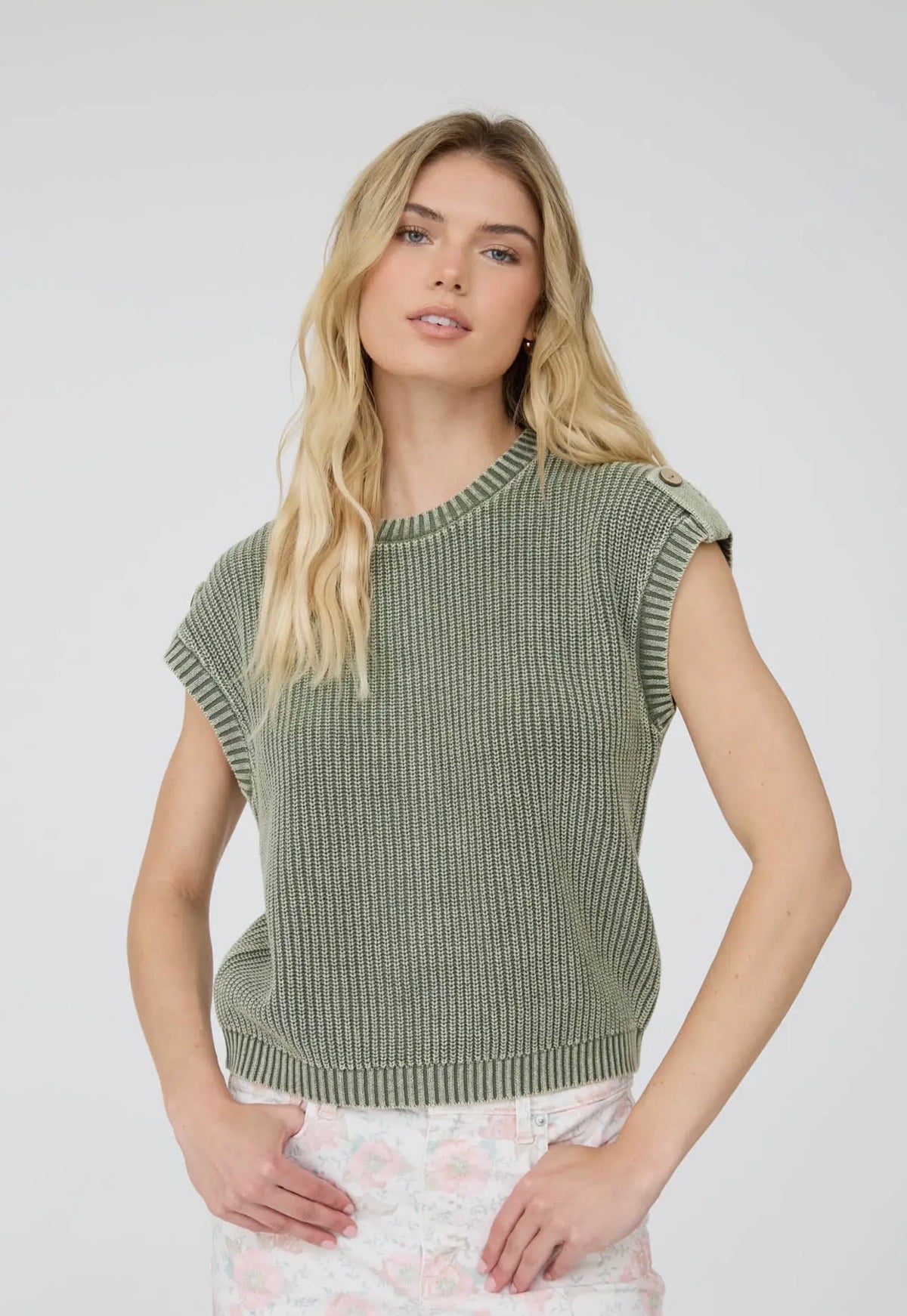 S26 Olive Acid Washed Button Knit Top