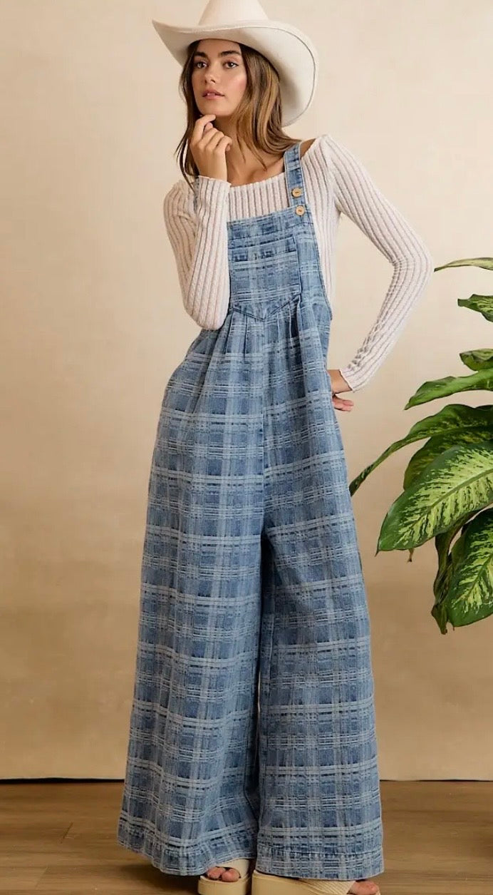 F26 Plaid Denim Wide Leg Overalls