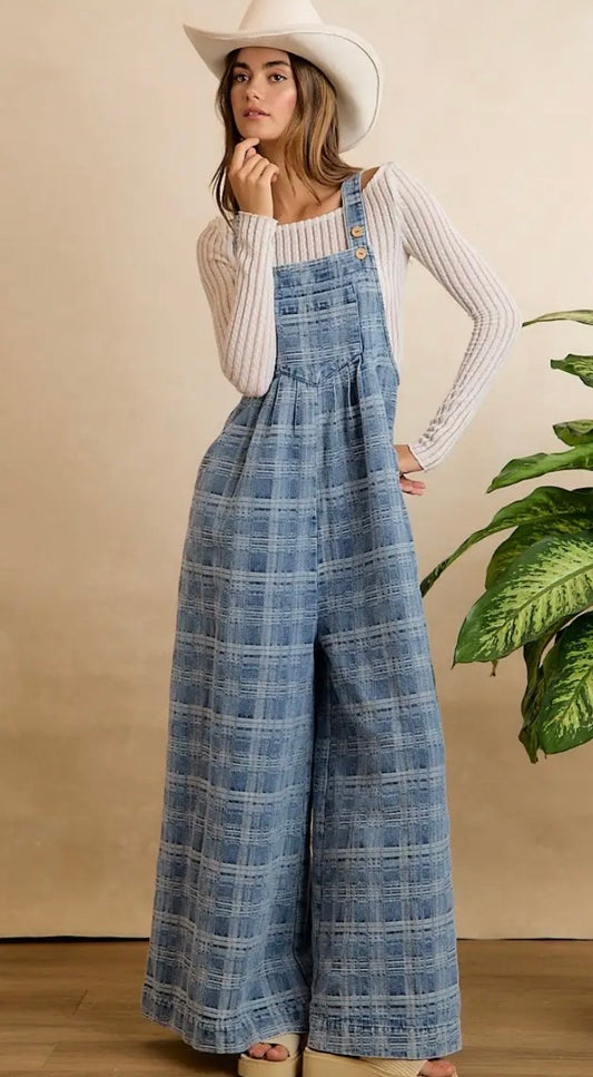 F26 Plaid Denim Wide Leg Overalls