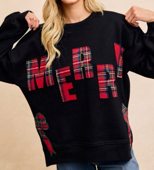 F25 Bibi Christmas Plaid Merry Bow Sweatshirt