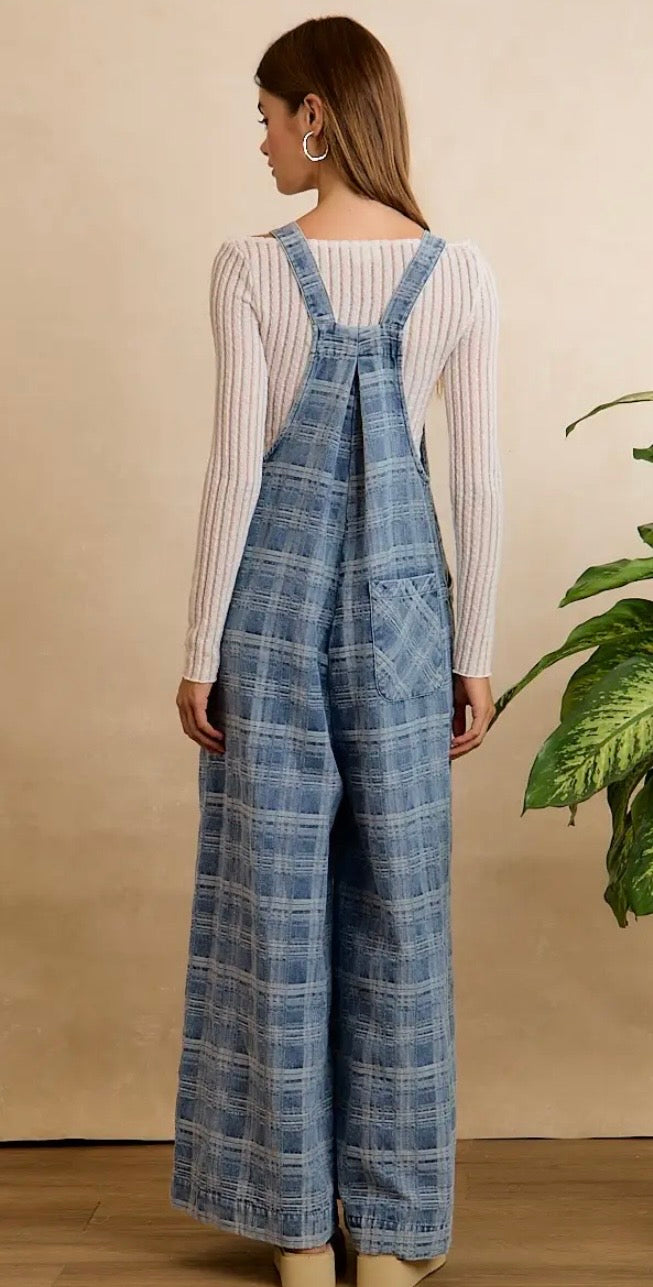 F26 Plaid Denim Wide Leg Overalls