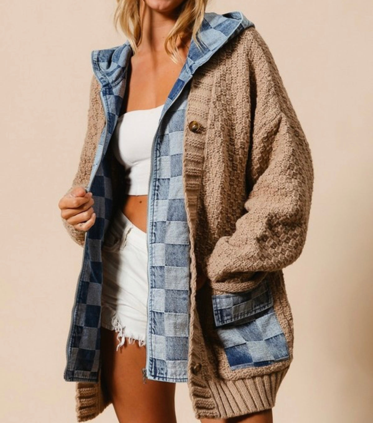 SU25 Checker Denim Zip Up Sweater Cardigan