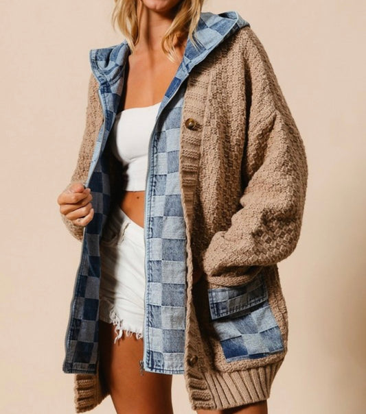 SU25 Checker Denim Zip Up Sweater Cardigan