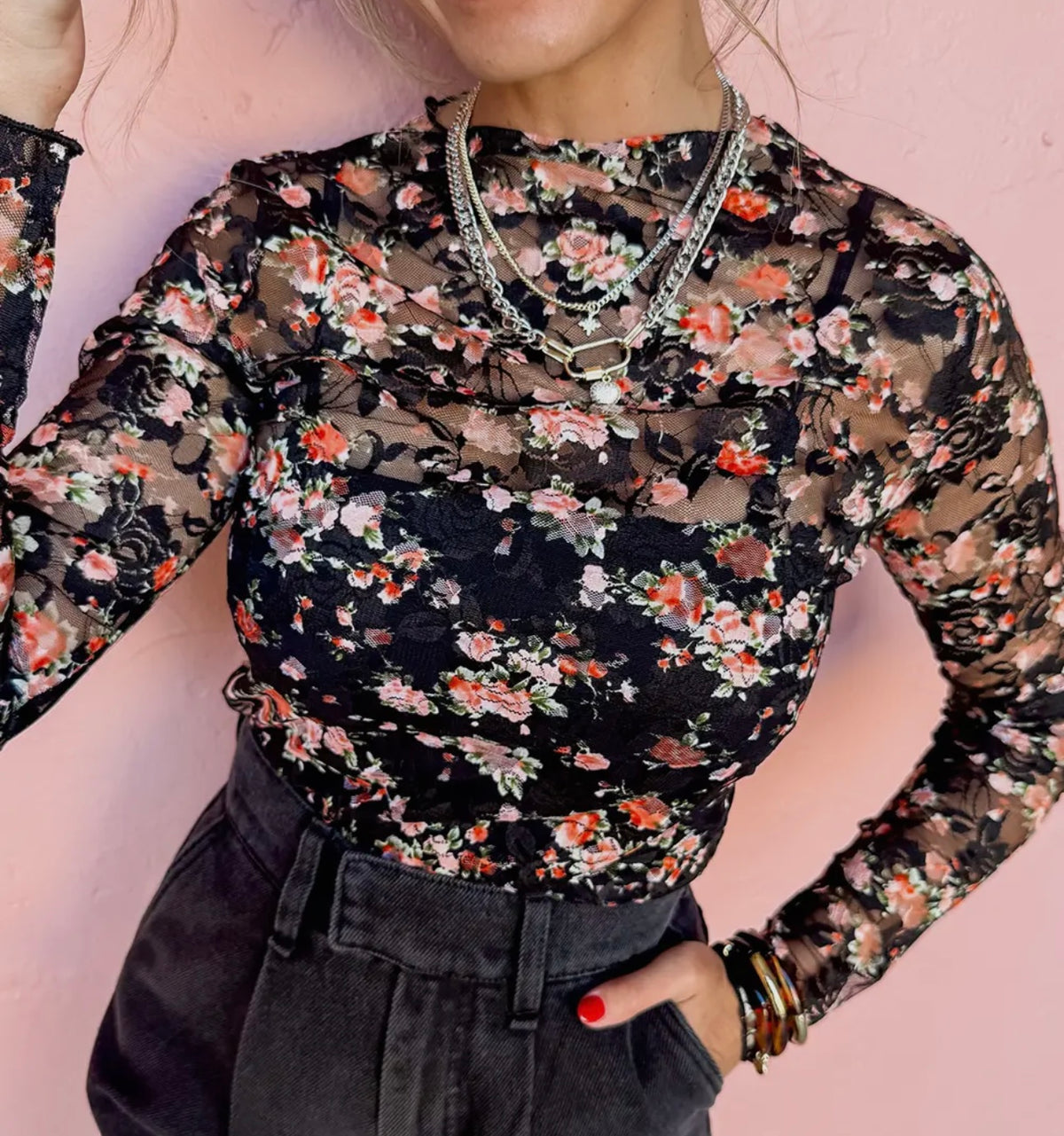 S25 Black Floral Mesh Top