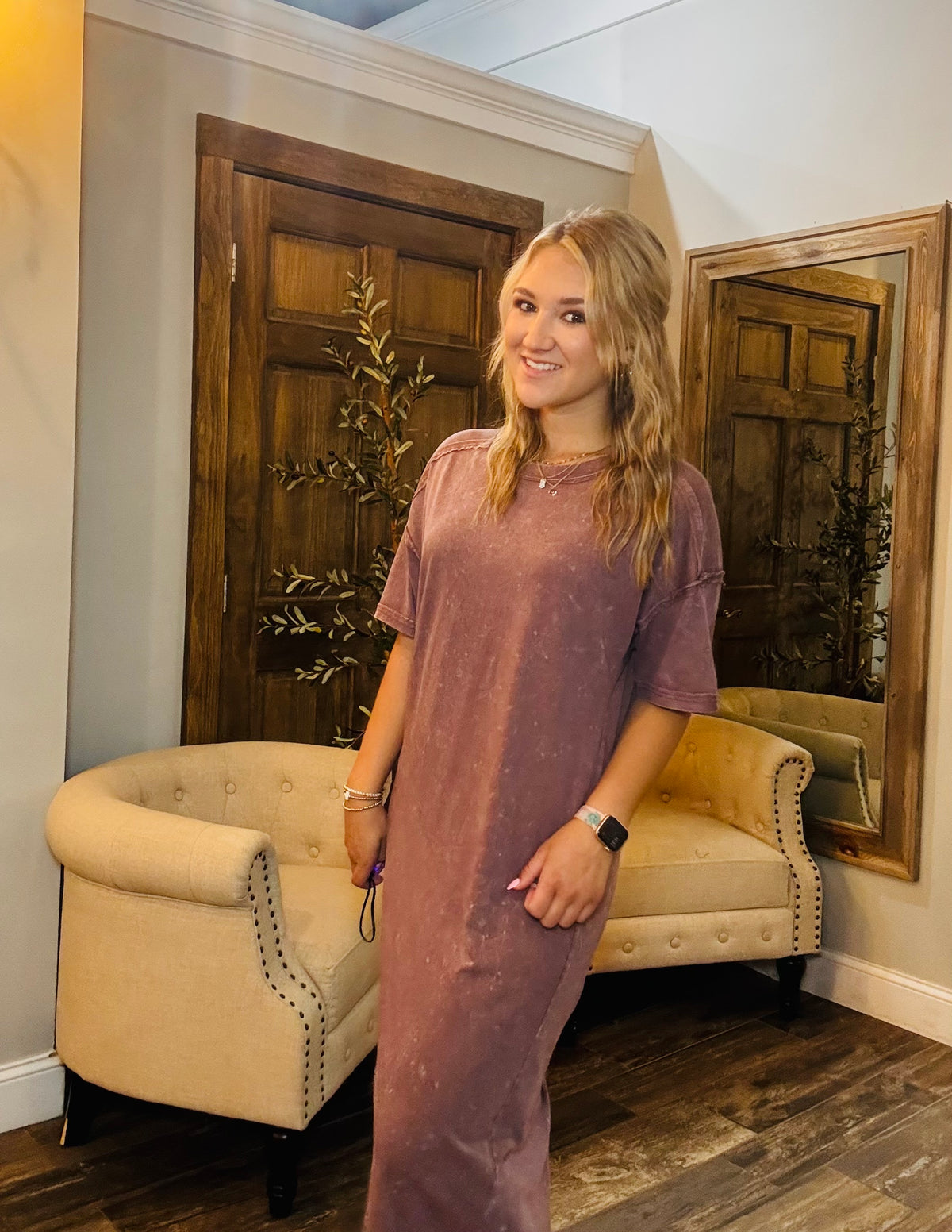 SU25 Very J Mineral Washed Casual Comfy Midi Dress