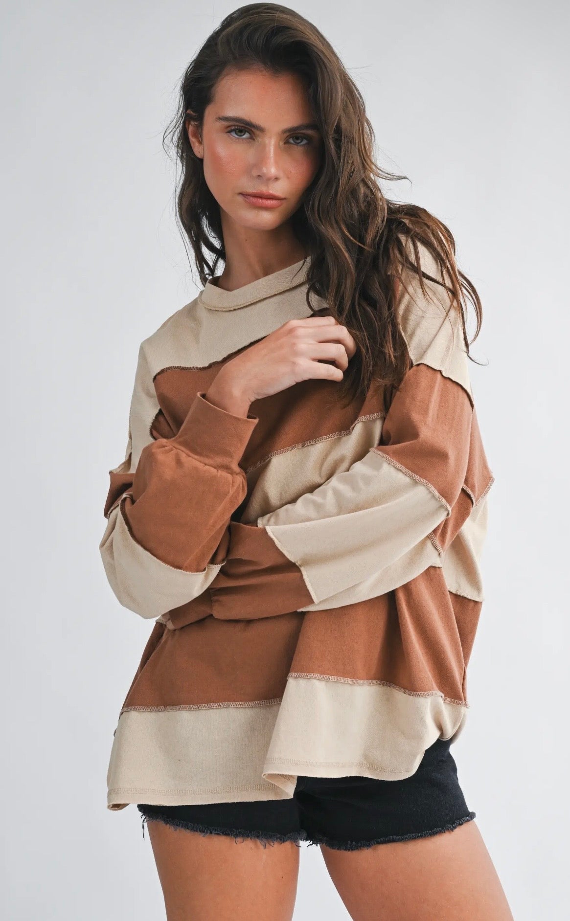 F26 Oversized Caramel ColorBlock LS