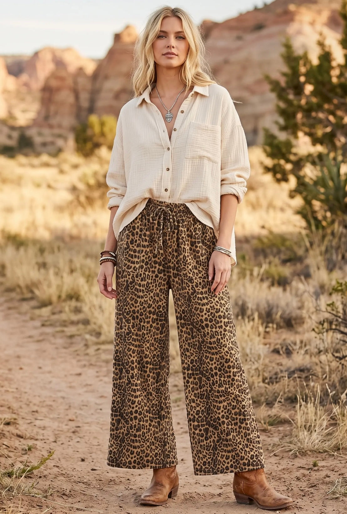 SU26 S+S Leopard Wide Leg Terry Pants