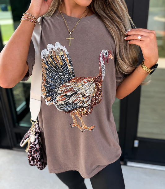 F26 Faux Rhinestone Turkey Graphic Tee on Espresso